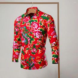 Men's Casual Shirts Long Sleeve Shirt Formal Lapel Colourful Flower Print Spring With Northeastern Style Slim Fit For