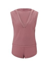 Women s 2 Piece Lounge Set Sleeveless Hooded Tank Tops Solid Colour Waffle Shorts Sleepwear 240228