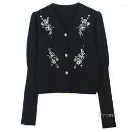 Women's Knits Black Cropped Cardigan 2024 Spring V-neck Sweater Jacket Korean Fashion Long Sleeve Tops With Sequined Flowers Appliqeus