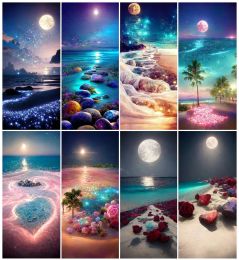 Stitch 5D DIY Landscape Moon Sea Beach Full Drill Embroidery Mosaic Night Scenery Cross Stitch Kit Home Wall Art Decor Handmade Gift