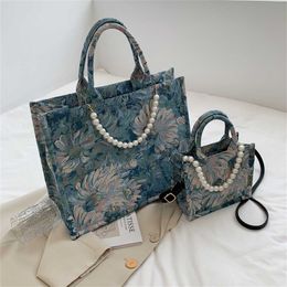 30% OFF Designer bag 2024 Handbags Womens Oil Painting Blue Pearl Commuter Tote Official Bun Canvas