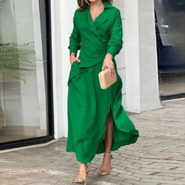 Casual Dresses Elegant Women Turndown Long Dress Summer Full Sleeve Solid Colour Maxi Female Fashion Split Hem Ruffles Office Club