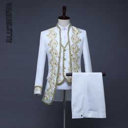VAGUELETTE Baroque Embroidery Floral Suits For Men Luxury White Black Wedding Long Suit Jacket Pants Set With Vest 240312