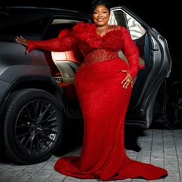 2024 Aso Ebi Plus Size Red Florals Mermaid Prom Dress Beaded Sequined Evening Formal Party Second Reception 50th Birthday Engagement Gowns Dresses Robe De Soiree ZJ6