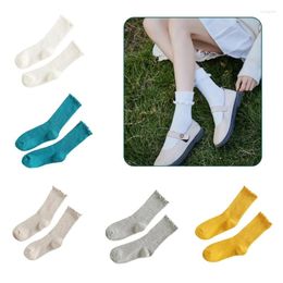 Women Socks Japanese Vintage Ruffle Casual Breathable Ribbed Knit Frilly Trim Middle Tube Crew Student Girls Solid Hosiery