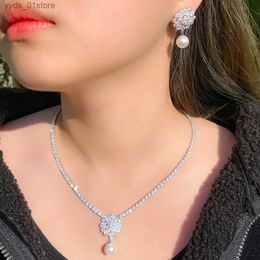 Earrings Necklace CWWZircons Gorgeous Cubic Zirconia Flower Drop Womens Wedding Party Pearl Necklace Earrings Fashion Bridal Jewelry Set Gift T603 L240323