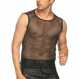 men Summer Sexy Transparent Fishnet Tanks Top Vest Sleevel Slim Fit Solid Black Mesh O Neck Sport Vests T Shirts Clothing K95n#