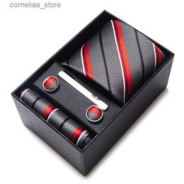 Neck Ties Neck Ties Wholesale New Style Silk Wedding Gift Tie Pocket Squares Set Necktie Box Solid Men Black Fit Business Y240325