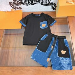 Children Classics letter printed clothing sets boys denim patchwrok short sleeve T-shirts shorts 2pcs Kids designer casual outfits S1261