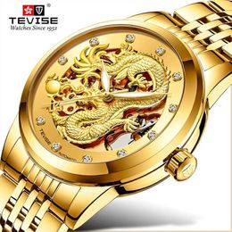 Tevise Luxury Golden Dragon Design Mens Watches Stainless steel Skeleton Automatic Mechanical Watch Waterproof Male Clock288V