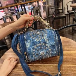 Drawstring 2024 Fashion Denim Women Handbags Luxury DIamond Tote Shoulder Bags Ladies Jeans Bucket Crossbody Bag