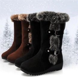 Boots New Winter Women Boots Casual Warm Fur MidCalf Boots shoes Women SlipOn Round Toe wedges Snow Boots shoes Muje Plus size 42