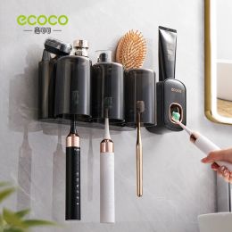 Holders ECOCO Wall Mounted Toothbrush Holder Cup Rack Automatic Toothpaste Dispenser MultiFunctional Bathroom Accessory Organizer Rack