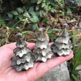 Decorative Figurines 6.6cm Natural Pyrite Crystal Cartoon Christmas Tree Carving Crafts Year Ornament Xmas Home Decoration 1pcs