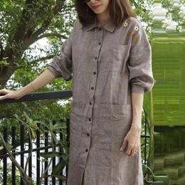 Casual Dresses Loose Fit Shirt Dress Beachwear Midi Flower Print A-line With Patch Pockets Long Sleeves For Women Soft