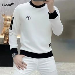 Spring Autumn High Quality Luxury Mens Round Neck Tshirt Male Clothes TrendSlim Long Sleeve Jacquard Pullovers Tops for Men 240312