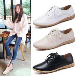 Casual Shoes Cowhide Soft Bottom Women's Flat White Female Round Head Lace Up Non-slip