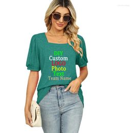 Women's T Shirts 2024 Base Shirt Solid Colour Square Collar Ruffled Short Sleeve Bubble Custom LOGO