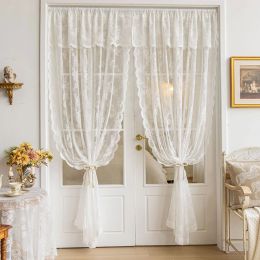 Curtains Korean White Floral Lace Tulle Curtain With Top Valance For Living Room Bedroom Door Pink Breathable Girl Sheer Drapes Custom