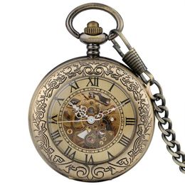 Bronze Vintage Pocket Watch Roman Numerals Skeleton Automatic Mechanical Watches Men Women Self-winding Clock FOB Pendant Chain242D