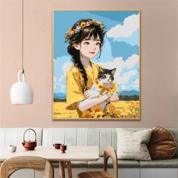 Number Painting by Numbers For Adultblue The Girl And Her Cat In The Sunflower Field Dropshipping Canvas Oil Paint by Number Home Decor