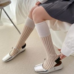 Women Socks Ladies Summer Thin Breathable Glass Silk Transparent Vertical Striped High Tube Design And Creative Calf Sox