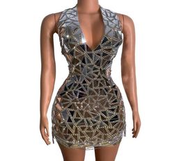 Shining Silver Mirrors Rhines Chains Short Dress Evening Party Prom Sequins Birthday Bodycon Dresses Singer Stage Show Wear Casual5447756