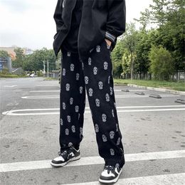 Gothic Skull Full Print Casual Drawstring Baggy Men Tracksuit Pants Corduroy Straight Sweatpants Male Hip Hop Long Trousers 240320