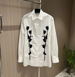 2024 Spring Women's High Quality 100% Pure Cotton Rose Embroidered White Shirt Fashion Loose Casual Women's Long Top