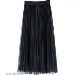 Skirts Tulle Womens 2023 Summer Long Maxi Skirt Female Elastic High Waist Pleated Tutu Sun Black Grey Pink