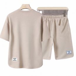 men Ice Silk Summer Suit Retro Casual Sportswear T-shirt Shorts Set Loose Round Neck Short Sleeves Drawstring Summer Sports Suit g4j0#