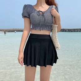 Youthful Puff Sleeve Contrast Colour Two Piece Swimsuit Plaid Swimwear Push Up Monokini Bathing Suit Korea Style 240322