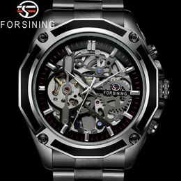 FORSINING Automatic Mechanical Men Wristwatch Military Sport Male Clock Top Brand Luxury Black Steel Skeleton New Man Watch 8130 Y248E