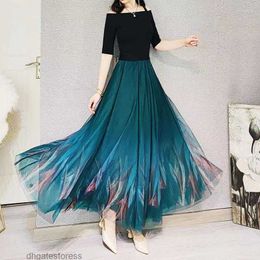 Skirts 2023 Spring Summer Feather Print Gradient Tulle Maxi Casual Streetwear Pleated Mesh Long A-line Tutu Skirt For Women