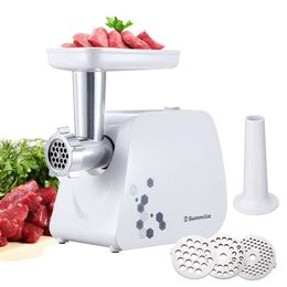 Sunmile Electric Meat Grinder -1HP 1000W - Stainless Steel Cutting Blades and 3 Grinding Discs, 1 Large Sausage Maker (white)