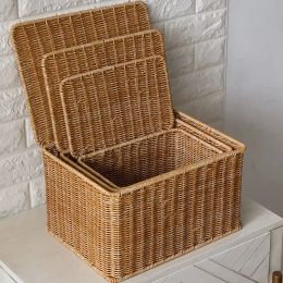 Baskets Wicker Storage Basket Handwoven Storage Box with Lid Sundries Cosmetic Organizer Rectangular Closet Organizer Laundry Basket