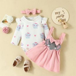 Clothing Sets 0-18months Baby Girls 3pcs Clothes Set Elephant Print Long Sleeves Romper And Suspender Skirt Headband Infant Outfit