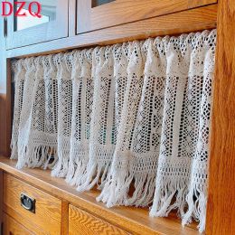 Curtains American Country Crocheted Hollow Short Curtains Manual Geometry Tassel Half Curtains for Kitchen Door or Window #A140