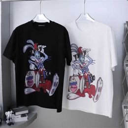 British Trendy Heavy Industry Print Hot Diamond Tc Rabbit Letter Mens and Womens Loose Short Sleeved T-shirt Plus Fat Size Man