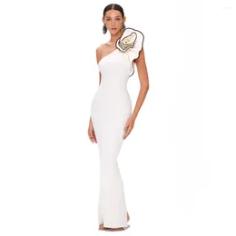 Casual Dresses White 3D Floral Bandage Dress Women 2024 One Shoulder Ribbed Split Party Evening Sexy Elegant Slim Vestidos BD2496