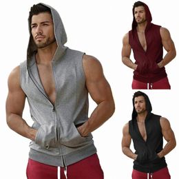 brand Gyms Hooded Double Zipper Tank Tops Men Bodybuilding Cott Sleevel Vest Sweatshirt Fitn Workout Sportswear Top Male k67A#