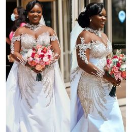Plus Size Arabic Aso Ebi Luxurious Mermaid Sparkly Wedding Dress With Detachable Train High Neck Long Sleeves Bridal Gowns Dresses Vestidos De Novia Es Es Es es