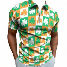 mens Polo Tees St Patricks Day Colour Shamrock Patchwork Print Lapel Tee Tops Summer Vintage Short Sleeve Tees Hawaiian Beachwear d8RB#