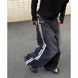 Men's Jeans Firmranch 2023 black pocket jeans suitable for women 2 white striped mops flat denim pants no shipping no street clothingL2403