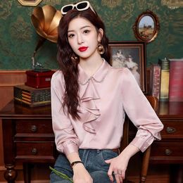 Women's Blouses 2024 Retro Fashion Pink Chiffon Blouse Spring Sweet Beading Collar Workwear OL Tops Y2K Elegant Ruffles Casual Shirt