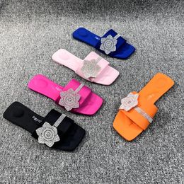 Women Luxury Rhinestone Flower Slippers Fashion Outdoor Casual Flat Sandals Female Square Toe Flip Flops Beach Holiday Slides 240321