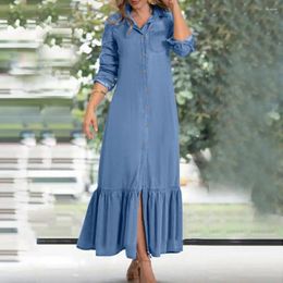 Casual Dresses Lapel Long Sleeve Dress Ruffled Elegant Denim Maxi With Ruffle Patchwork Flowy Hem Women's For Travel