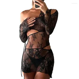Casual Dresses Women Sexy Black Dress Summer 2024 Solid Color One Shoulder Long Sleeve See-Through Lace Slim Bodycon Short For Night Club