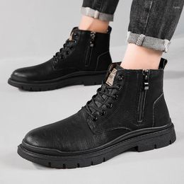 Boots Genuine Cow Leather Cowboy For Men Winter Warm Black Side Zipper Male Shoes Mens Casual Outdoor Ankle