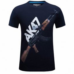 Homens Verão Persalidade Manga Curta T-shirt Ak 47 Gun Impresso Ventilador do Exército Cara Dura Velocidade do Vento Seco O Pescoço Camisa Punk Grande Top H4U2 #